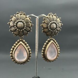 Stephen Dweck Sterling Silver Clip Earrings w/ Rose Quartz 2.25" Floral Drop